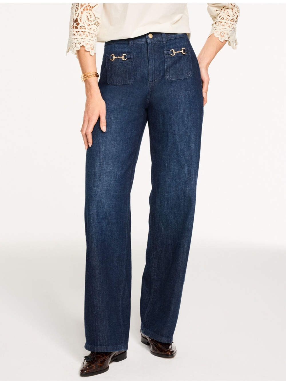 Talbots Relaxed Trouser Jeans Dark Wash Wide-Leg Gold-Tone Hardware Women’s 10